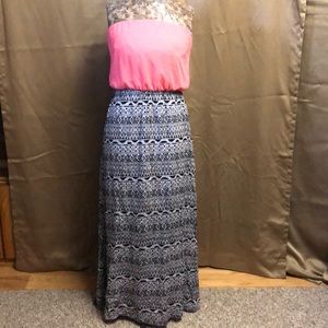 Orange, black & white strapless chiffon maxi